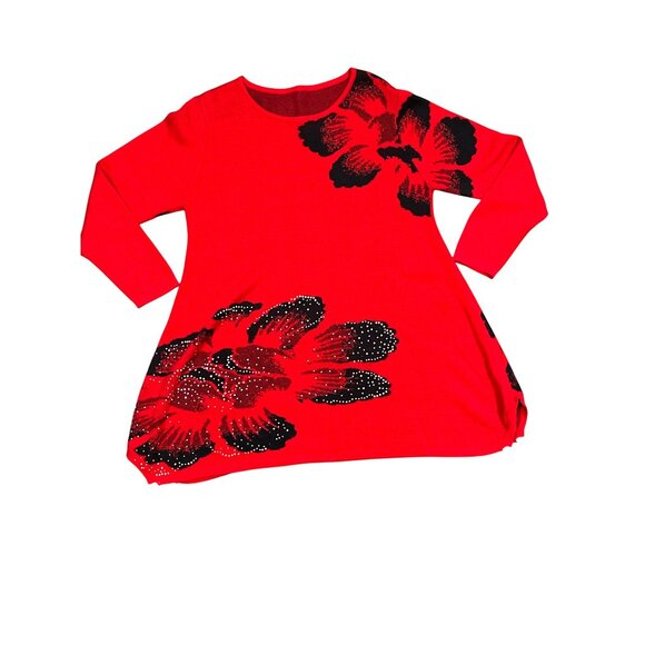 CCC Spring Pullover Stretch Loose Red Black Floral Sweater Dress Rhinestones LGE - Picture 5 of 8
